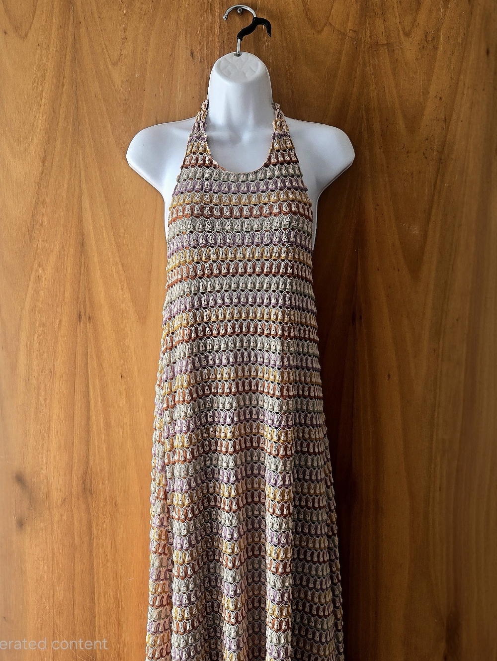 Crochet-Texture Muulticolor Plunging Back Halter Maxi Dress